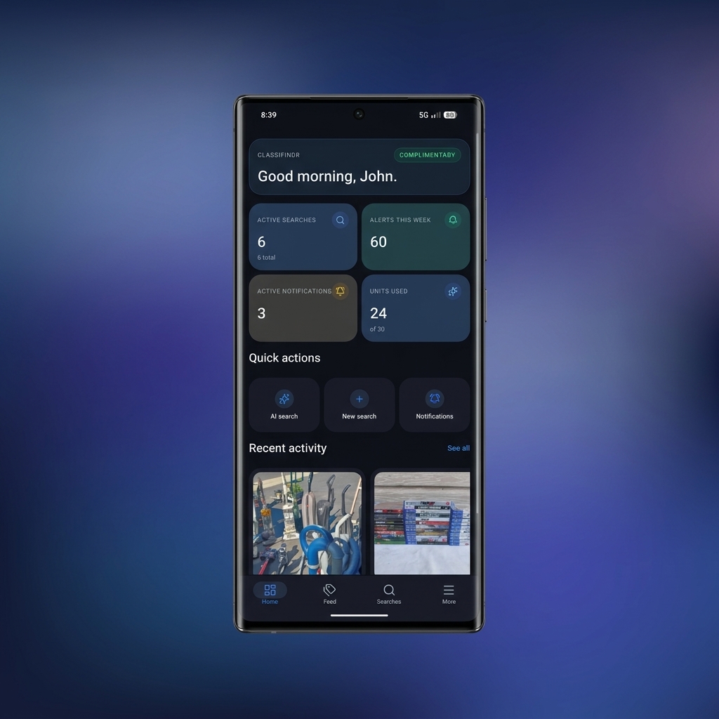 Classifindr home dashboard on mobile